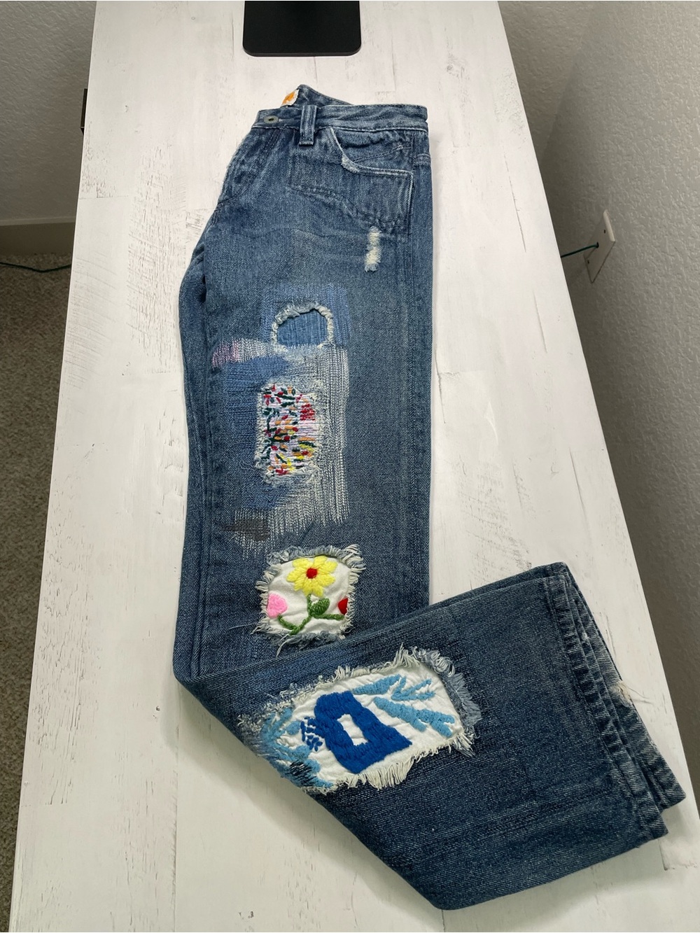 Antik Denim Distressed Patchwork Straight Leg Jeans Size 27 Made in USA